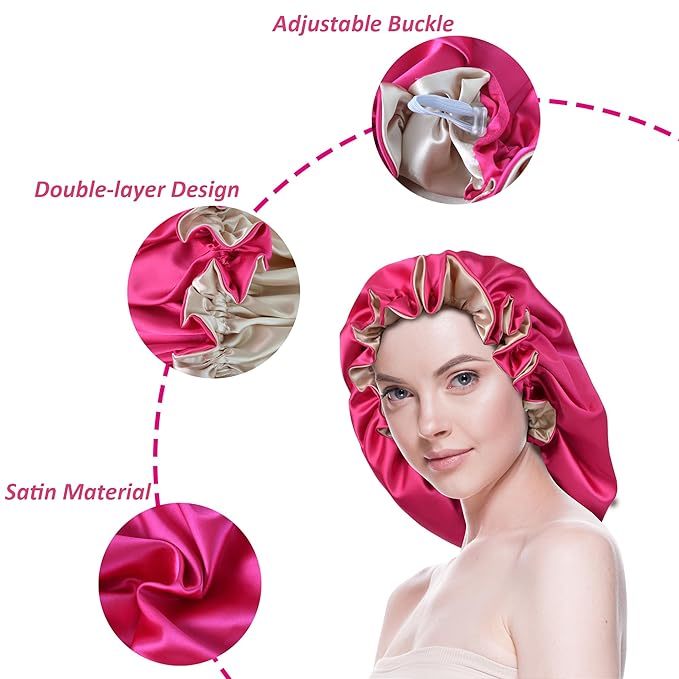 Silk Bonnet for Sleeping Satin Bonnets Double Layer Reversible Hair Cap Bonnet for Women Long Curly Braid Hair (Hot Pink)