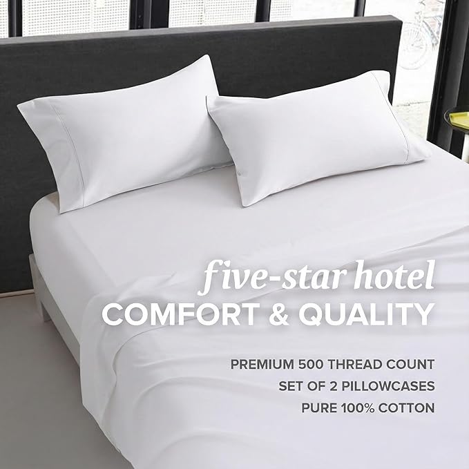 Beckham Hotel Collection 100% Cotton Pillow Cases Standard/Queen Size Set of 2, 500TC, Luxury Sateen Pillowcases, Open End, Breathable, Moisture-Wicking, White