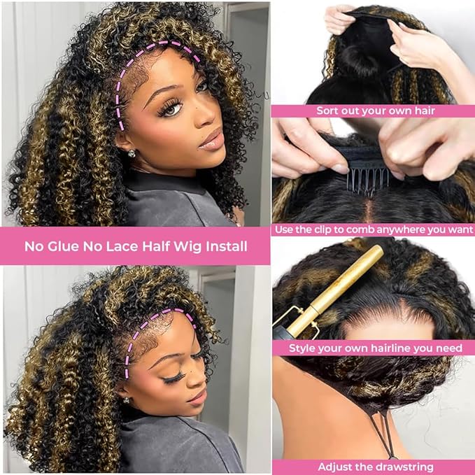 Kinky Curly Half Wig Human Hair 200% Density Wear Go Glueless Wigs Human Hair 20 Inch Curly 3 In 1 Half Wigs for Women 1B/27 Honey Blonde Wig Drawstring Seamless Flip Headband Wig Beginner Friendly