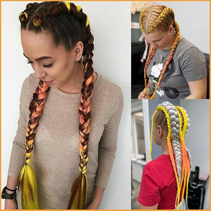 Yellow/Pink/Yellow Braiding Hair Pre Stretched 2 Packs Box Braids Hair Extensions 26 Inches Synthetic Pre Stretched Braiding Hair…