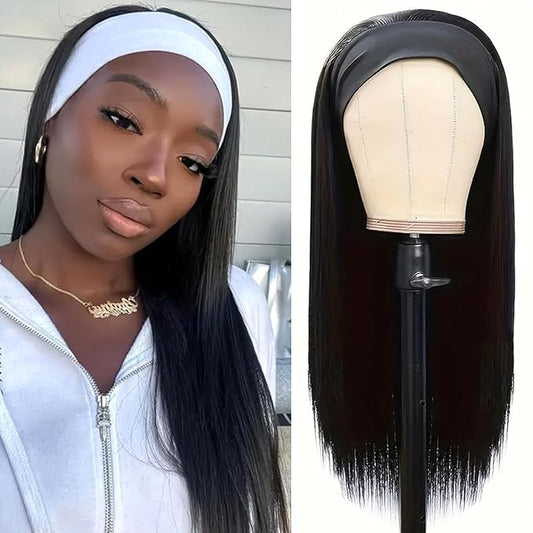 Headband Wig Human Hair Straight Headband Wigs Glueless None Lace Front Wig Brazilian Virgin Machine Made Wigs Headband Half Wig for Black Women Natural Color 18 Inch