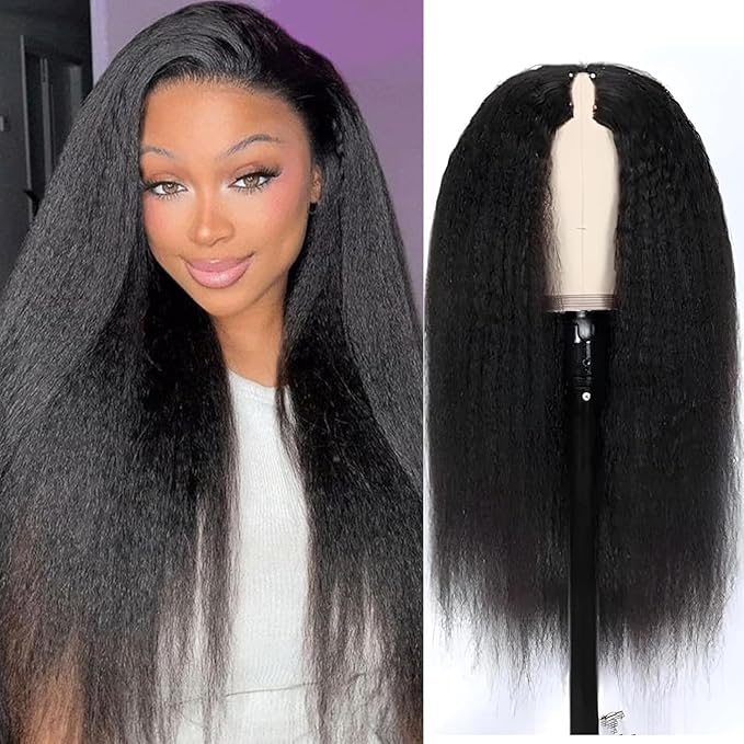 Larhali Kinky Straight V Part Wig Human Hair with Drawstring 200% Density Upgrade Glueless U Part Wig No Leave Out No Sew In V Part Wigs Kinky Straight Human Hair Wigs 16 Inch