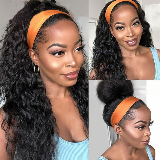 Curly Headband Wig Human Hair 20 Inch Glueless Deep Wave Headband Human Hair Wigs None Lace Front Wigs for Black Deep Wave Headband Wig Natural Color