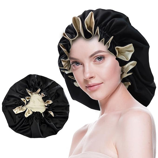 Silk Bonnet for Sleeping Satin Bonnets Double Layer Reversible Hair Cap Bonnet for Women Long Curly Braid Hair (Black)