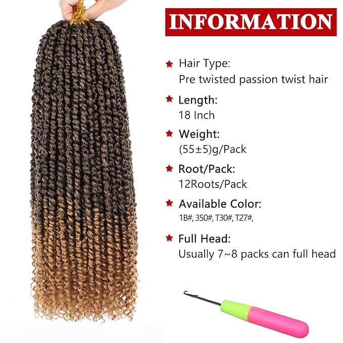 Xtrend 8 Packs Pre-twisted Passion Twist Crochet Hair 18 Inch Natural Black Pre-looped Crochet Braids Hair For Women Bohemian Synthetic Passion Braiding Hair Extension (8packs, T27#)