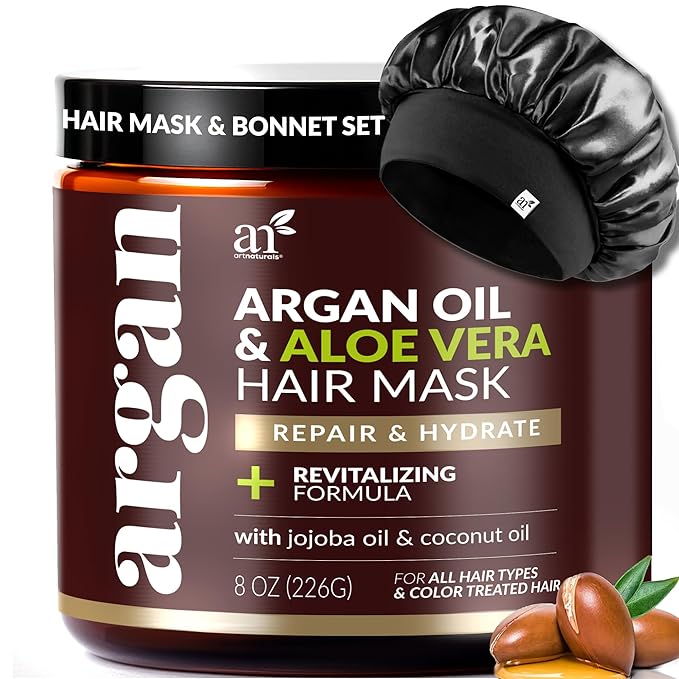 Hair Mask + Silk Bonnet for Sleeping Women Set - Deep Conditioner & Leave-In Conditioner for Dry, Damaged Hair - Argan Oil, Jojoba, Aloe & Keratin - Satin Bonnet for Sleeping, Repair & Hydrate (8 oz)