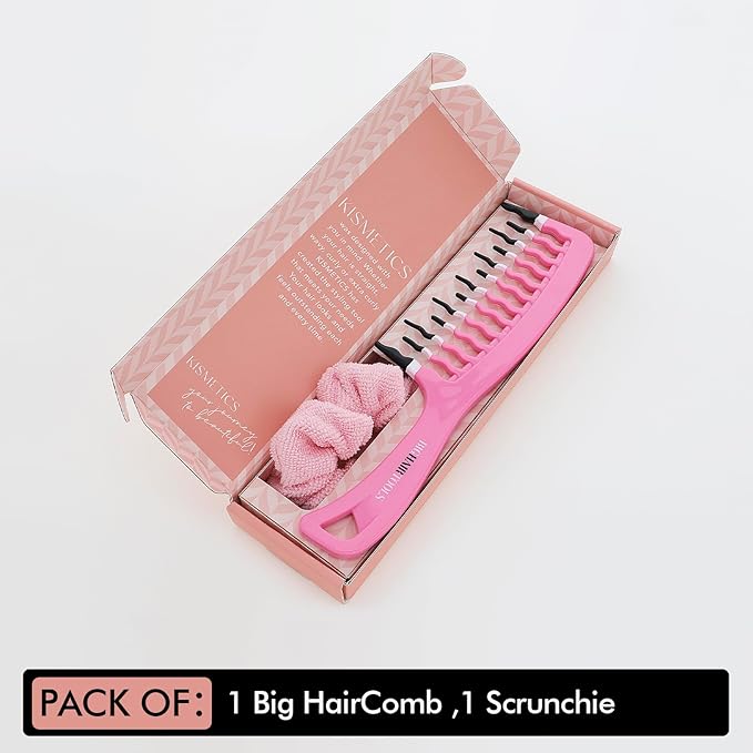 Big Hair Tools Extra Large Wide Tooth Comb for Thick, Curly, Wavy or Long Hair - Frizz-Free Detangling Shower Comb - Big Hair Comb and Microfiber Scrunchie