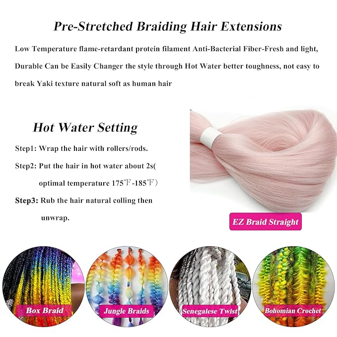 Rose Gold Pink Braiding Hair Pre Stretched 26 Inch Light Pink Colored Hair Extensions for Braiding Crochet Hair Box Braids Micro Jumbo Pre Stretched Braiding Hair 3 Pack