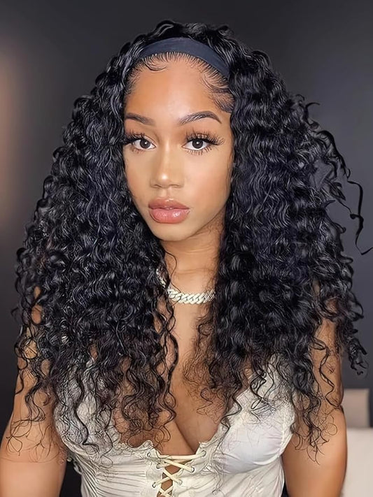 Julia Hair 12A Headband Human Hair Wigs Water Wave None Lace Front Glueless Wig With Pre-attached Scarf for Black Women Curly Deep Wave Put and Go Wig Natural Beginner-Friendly 26 Inch