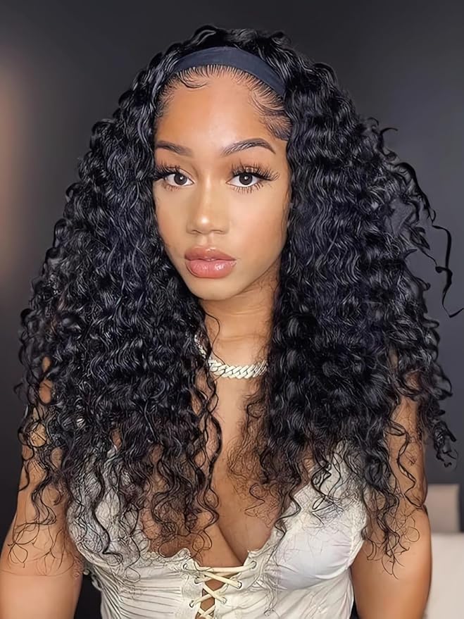Julia Hair 12A Headband Human Hair Wigs Water Wave None Lace Front Glueless Wig With Pre-attached Scarf for Black Women Curly Deep Wave Put and Go Wig Natural Beginner-Friendly 22 Inch