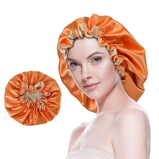 Silk Bonnet for Sleeping Satin Bonnets Double Layer Reversible Hair Cap Bonnet for Women Long Curly Braid Hair (Tangerine)