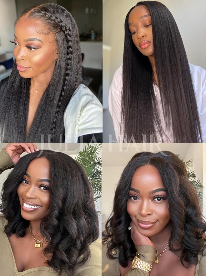 Julia Hair EasiContour V Part Kinky Straight Wigs Human Hair Glueless Yaki Straight Vpart Wig Clip in Half Wigs No Leave Out Real Scalp Upgrade U Part Kinky Wig Beginner Friendly Natural Black 26 Inch