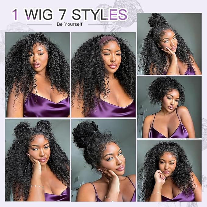 Ali Grace Kinky Curly Half Wig Human Hair 250% Density 3 In 1 Drawstring Seamless Flip Over Half Wigs For Women Glueless Wigs Beginner Friendly Half Curly Human Hair Wig 20 Inch(Black, 20inch)