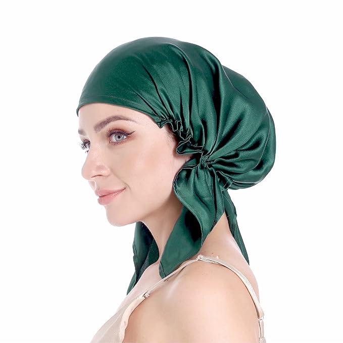 SissiLita 100% Silk Bonnet for Sleeping, Large Sleep Cap With Tie Band for Curly Hair Care, Hair Wrap (Emerald)
