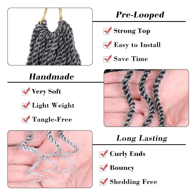 Leeven 8 Inch Wavy Senegalese Twist Crochet Hair 8 Packs Ombre Grey Pre Looped Short Micro Twist with Curly Ends, Small Hanava Twist, Synthetic Crochet Braids for Women Girl Kids