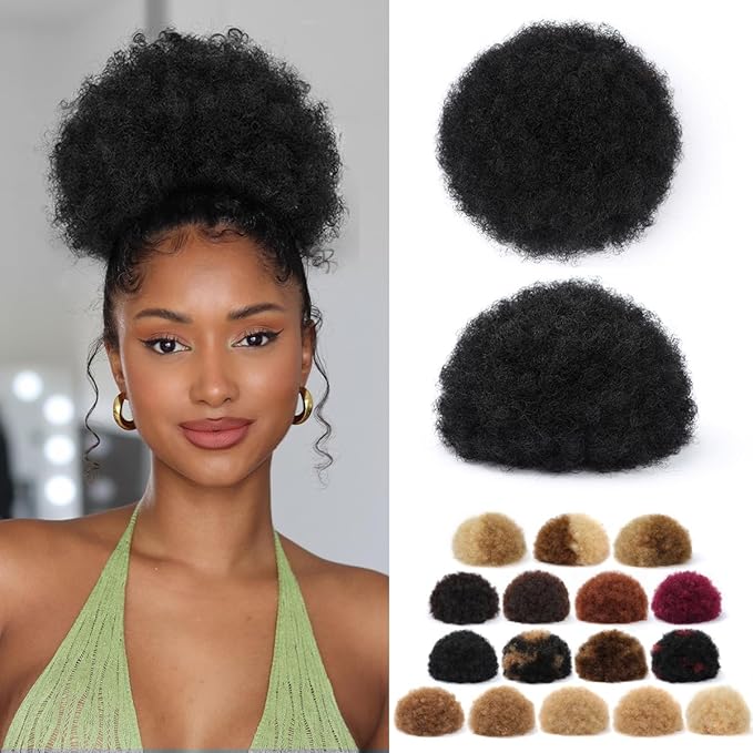Afro Puff Ponytail for Black Women #1 Black 4c Human Hair Kinky Curly Human Hair Clip in Hair Extensions for Black Women