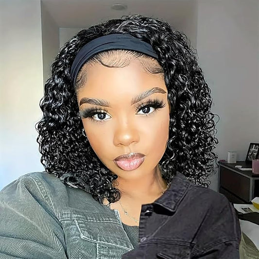 Curly Headband Wig Human Hair 12 Inch Water Wave Headband Wigs for Black Women Glueless Brazilian Virgin Deep Wave Human Hair Headband Wig Natural Color