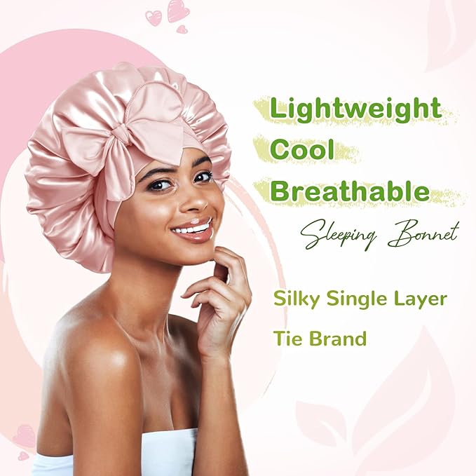 BONNET QUEEN Silk Bonnet for Sleeping Women Satin Bonnet Night Sleep Cap Wrap for Curly Hair with Adjustable Tie Band, Single Layer, Cream Pink