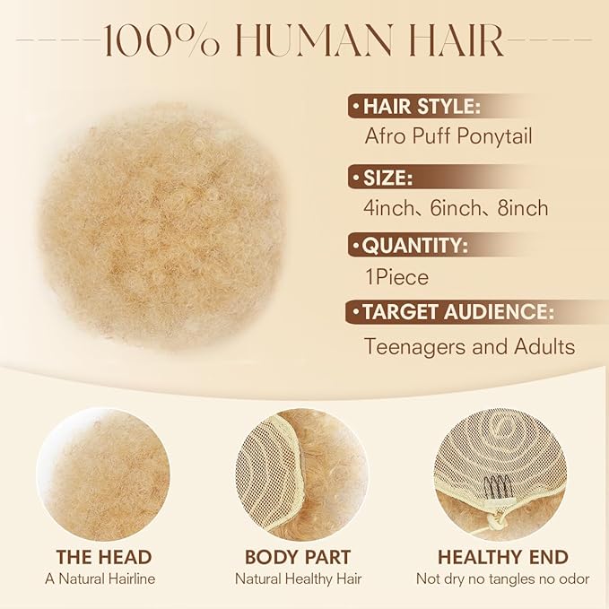 Afro Puff Drawstring Ponytail for Black Women 100% Human Hair #613 Bleach Blonde Kinky Curly Durable Natural Soft and Smooth Drawstring Ponytail For Women