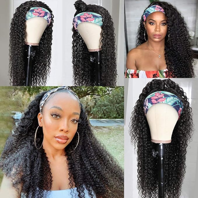Eooma Curly Headband Wig Human Hair Wigs for Black Women 24 inch Brazilian Curly None Lace Front Wigs Human Hair Scarf No Gel Gluelees Remy Hair Headband Wig
