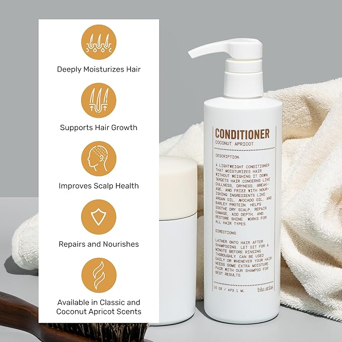 Blu Atlas Men's Natural Conditioner – Organic, Sulfate-Free, Paraben-Free – Deep Moisturizing & Scalp Soothing – Coconut Apricot Scent – Made in America – 16 oz