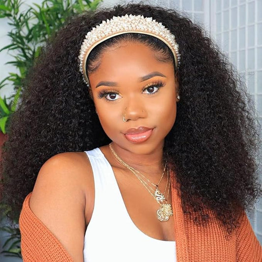 Smoothair Headband Wig Human Hair Kinky Curly Headband Wigs for Black Women Human Hair Wigs Glueless 20 Inch None Lace Front Wigs 150% Density (No Mixed)