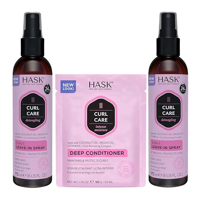HASK 5-in-1 Leave-In Conditioner Duo (6oz-Qty 2) & Deep Conditioner Packette, Color Safe, Sulfate-Free, Paraben-Free, Gluten-Free, for All Hair Types (Curl Care)
