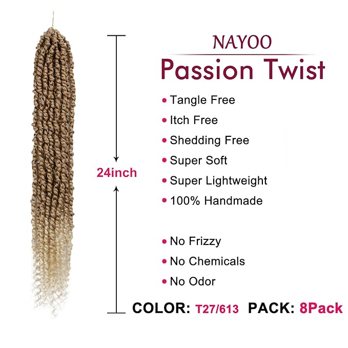 Passion Twist Hair - 8 Packs 24 Inch Passion Twist Crochet Hair For Women, Crochet Pretwisted Curly Hair Passion Twists Synthetic Braiding Hair Extensions (24 Inch 8 Packs, T27/613)