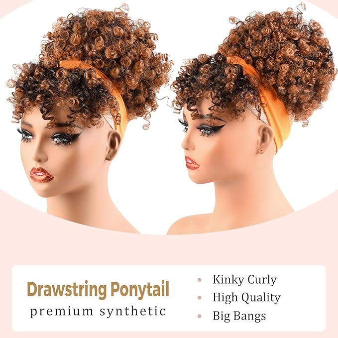 Afro High Puff Hair Bun Drawstring Ponytail With Bangs Short Kinky Curly Pineapple Pony Tail Clip in on Wrap Updo Ponytail Extensions for Black Women