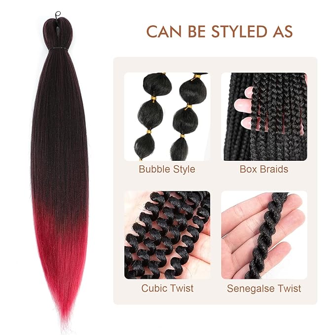 Pre-stretched Braiding Hair - 28 Inch 8 Packs Ombre Red Super Long Braiding Hair For Twist or Box Braids, Yaki Texture Hot Water Setting Synthetic Braiding Hair Extensions (28 Inch, T530-8P)