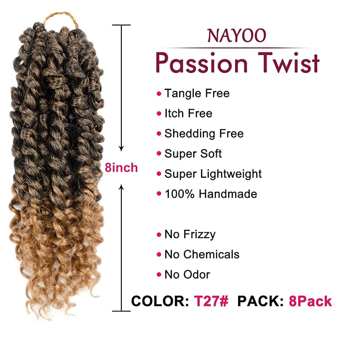 Passion Twist Hair For Kids - 8 Packs 8 Inch Passion Twist Crochet Hair For Black Women, Crochet Pretwisted Curly Hair Passion Twists Synthetic Braiding Hair Extensions(8 Inch 8 Packs, T27)