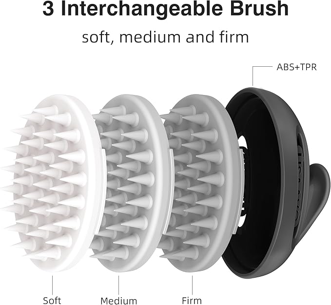 3 in 1 Scalp Scrubber, Hair Scalp Massager, with 3 Replacement Brushes, Shampoo Brush for Relaxing, Deep Cleansing Exfoliator & Soothes itching - Wet/Dry Use for All Hair Types, Black