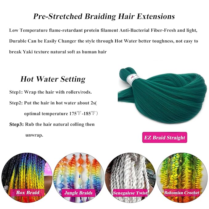 Pre Stretched Braiding Hair Green Kanekalo Teal Braiding Hair Pre Stretched Colored Hair Extensions for Braiding Box Braids Hair Knotless Prestretched Braiding Hair 26 inch