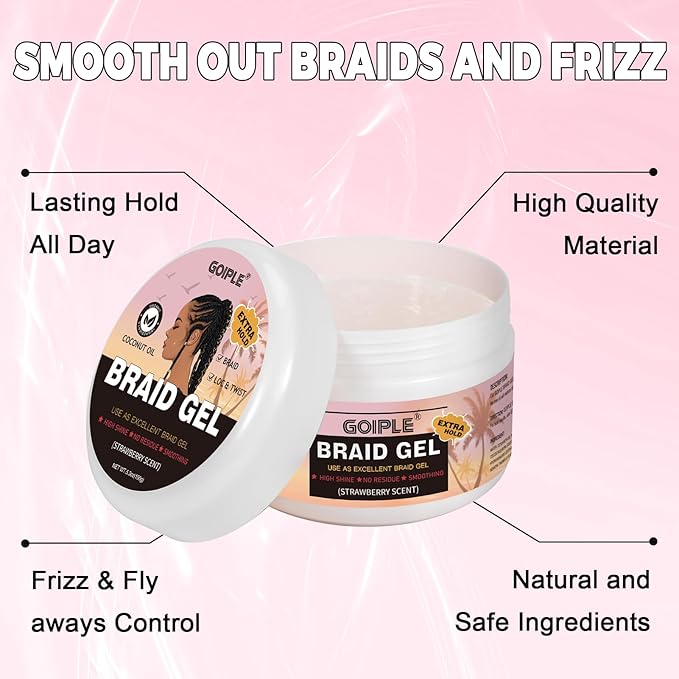 150g Braid Gel with Extra Hold, High Shine for Twists, Locs, Braids & Edge Control - Smooths Frizz, Long-Lasting for Locks, Cornrows 5.3oz (Strawberry Flover)