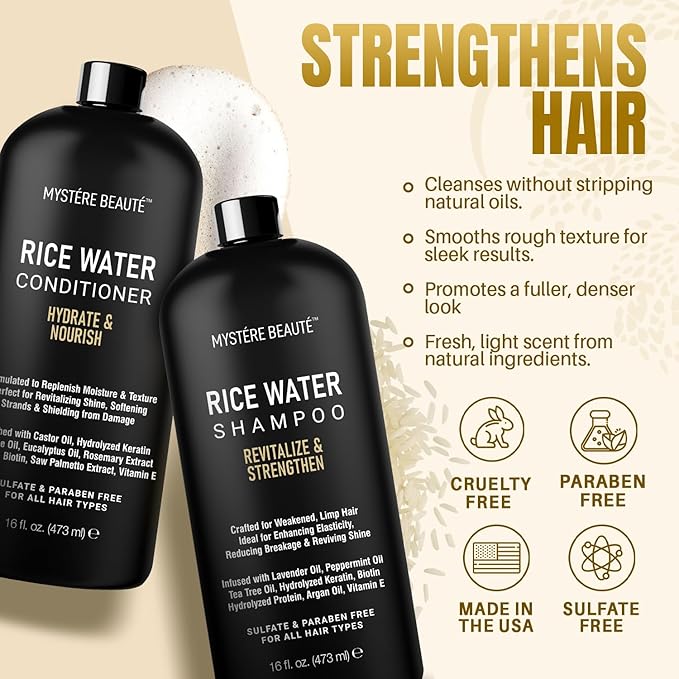Rice Water Shampoo and Conditioner Set - Ultra-Nourishing Hair Care Set, Promotes Growth, Revitalizes Shine, and Shields from Damage - Infused with Essential Oils - 16 fl oz Each