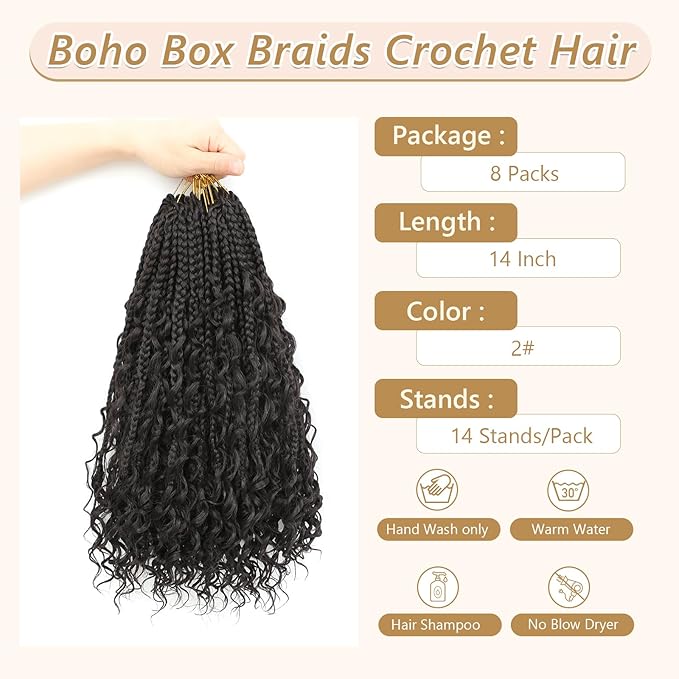 8 Packs Boho Braids Crochet Hair-14 Inch Crochet Box Braids- Bohomian Box Braid Crochet Hair Synthetic Braiding Hair Goddess Box Braids Crochet Hair for Black Women(2#)