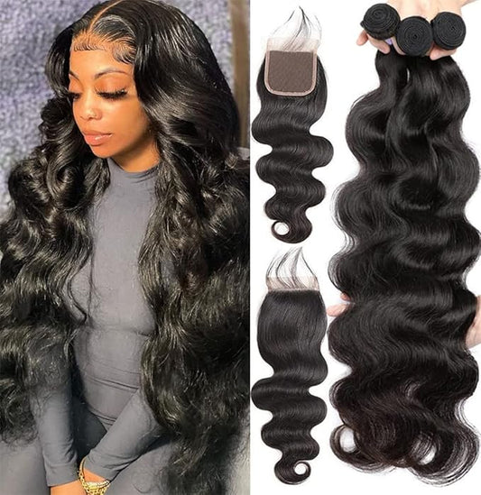 YISEA 12A Human Hair Body Wave Bundles with Closure (18 20 22+16) 100% Unprocessed Brazilian Body Wave Human Hair 3 Bundles with 4X4 Lace Closure Free Part Natural Color for Black Women