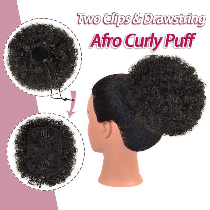 rosmile Afro Puff Drawstring Ponytail Extension for Black Women, Premium Dark Brown 2# 80gram Short Synthetic Afro Puff Ponytail for Natural Hair, Clip On Kinky Drawstring Curly Ponytail Bun
