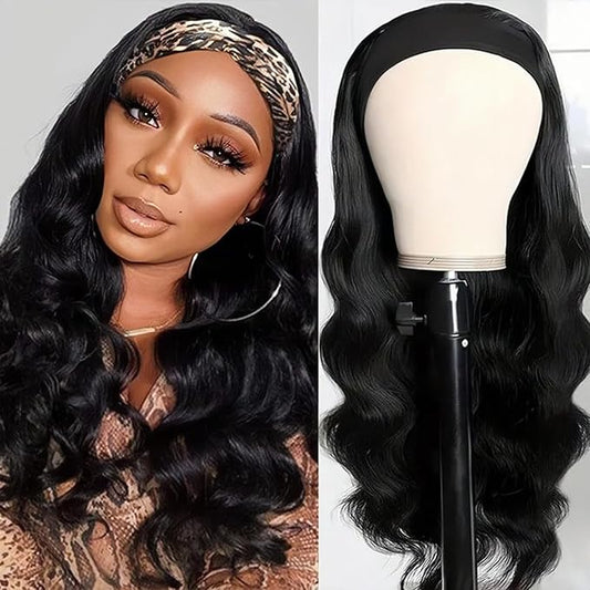 SENSAIRUITE Headband Wig Human Hair Body Wave 20 Inch None lace Front Wear and Go Glueless Headband Wig for Black Women Natural Black Color 180% Density