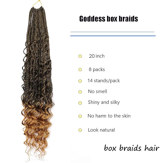 20 inch Goddess Box Braids Crochet Hair for Black Women Boho Box Braids 8 Packs Crochet Box Braids Curly Ends Crochet Hair Pre-looped Synthetic Braiding Hair Extension T27