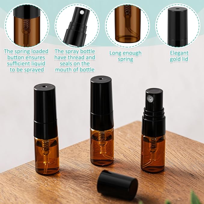 Zhehao 25 Pcs Mini Spray Bottles 2 ml Clear Glass Perfume Bottles Refillable Fine Mist Perfume Atomizer Portable Empty Sample Containers for Cleaning, Essential Oils, Travel (Amber)