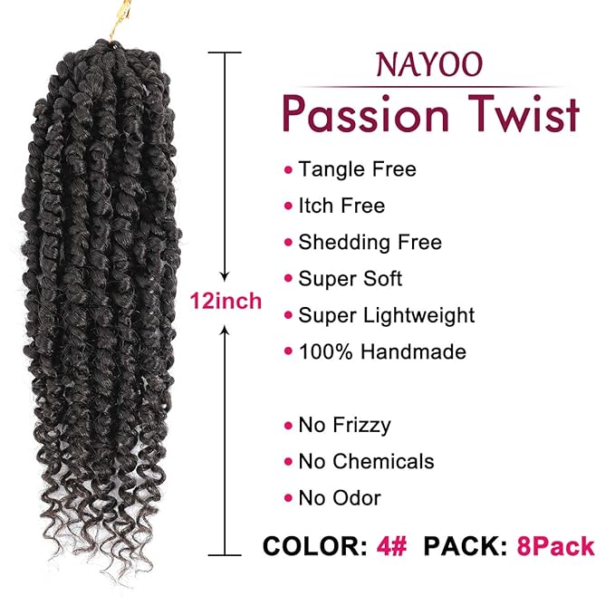 Passion Twist Hair - 8 Packs 12 Inch Passion Twist Crochet Hair For Black Women, Crochet Pretwisted Curly Hair Passion Twists Synthetic Braiding Hair Extensions (12 Inch 8 Packs, #4)