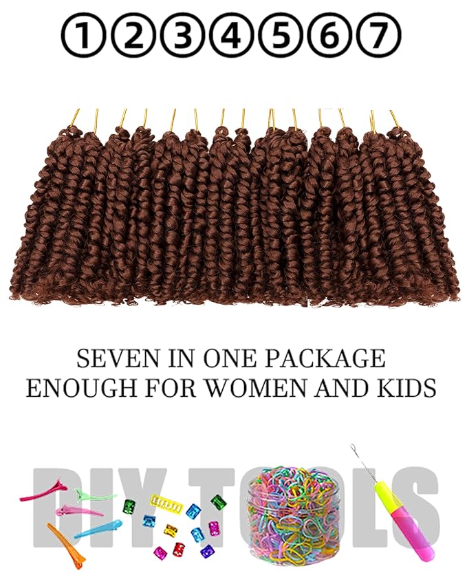 4 Inch 7 Packs Super Short Passion Twist Crochet Hair for Black Women and Kids-Pure Brown Pre Looped Pretwisted Soft Hair Extensions,Braided by Synthetic Spring Kinky Twist Bohemian Curl(4"-7P,30#)