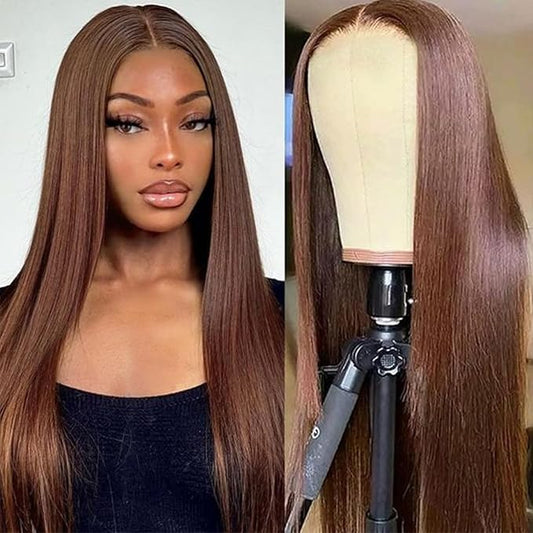 SENSAIRUITE Chocolate Brown Straight Lace Front Wigs Human Hair 13x4 180% Density #4 HD Transparent Glueless Lace Frontal Wigs Pre Plucked with Baby Hair 26 Inch