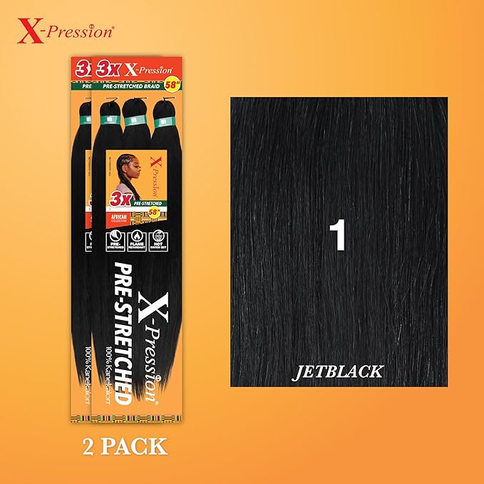 Sensationnel X-pression prestretched braiding hair - 3x braid 58 inch all kanekalon flame retardant synthetic braid for box braids and twists (2 pack, 1 JETBLACK)