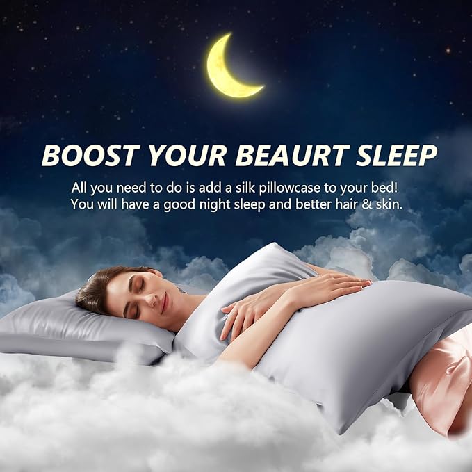 Silk Pillow Cases Standard Size 100% Mulberry Silk Pillowcase for Hair & Skin 22 Momme Both Sided Grade 6A Silk Cooling Soft Breathable 20 x 26 Inches with Hidden Zipper 1PC, Grey