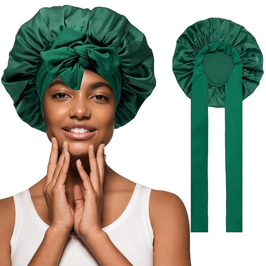 Satin Hair Bonnet with Wide Band Silk Sleeping Bonnets Hair Wrap for Women Girls Night Cap with Tie Band Satin Bonnet (Green)