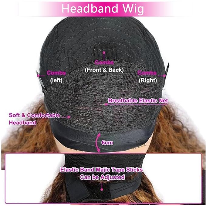 Ombre Highlight Headband Wig Human Hair #4/27 Colored Kinky Curly Headband Wig for Black Women Glueless None Lace Front Human Hair Wigs Brazilian Virgin Hair Wear and Go Wigs 150% Density 14 Inch