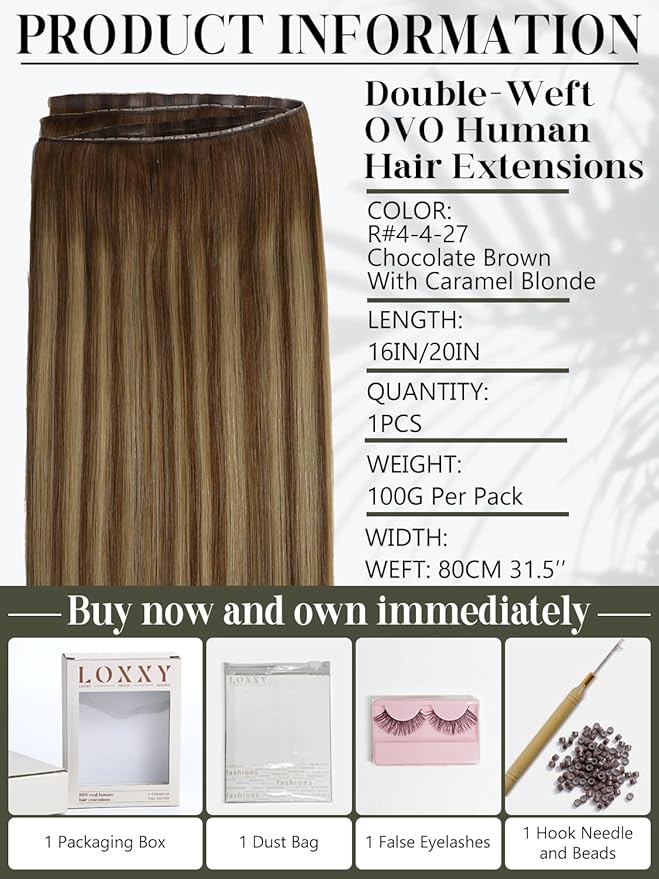 LOXXY Double Weft PU OVO Hair Extensions - 16 Inch 100g Seamless Balayage Chocolate Brown to Caramel Blonde - Invisible Butterfly Real Human Hair Extensions, 1PCS Micro Beads Genius Weft Width 31.5"