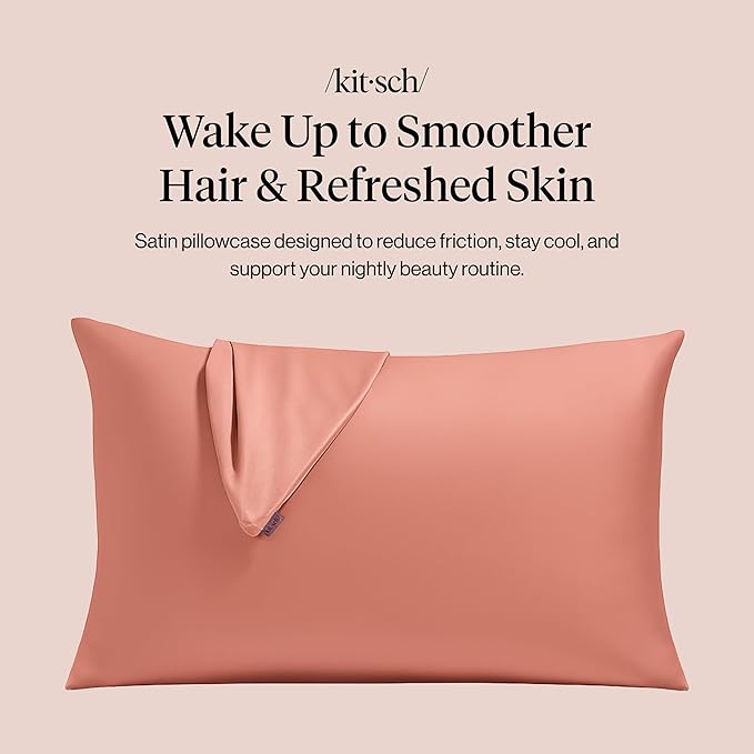 Kitsch Satin Pillowcase with Zipper for Hair & Skin, Softer Than Silk Pillow Cases Queen, Wrinkle-Free, Smooth and Cooling Satin Pillow Covers, Standard Size 19"x26" - Terracotta